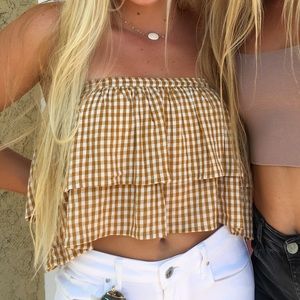 Mustard Yellow Gingham Print Strapless Crop Top